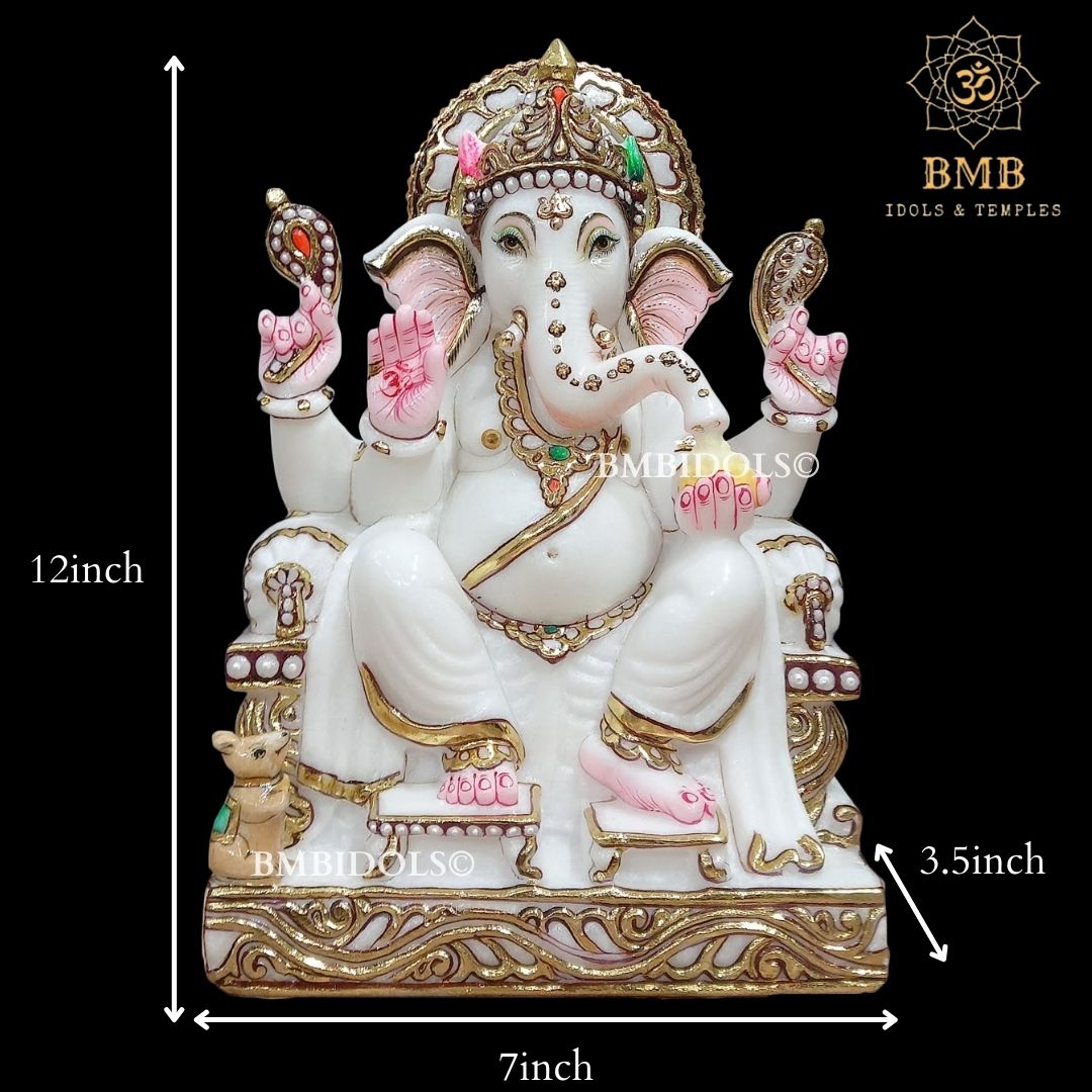 Marble Ganesh Murti sitting on the Chowki in 12inches in white Marble ...