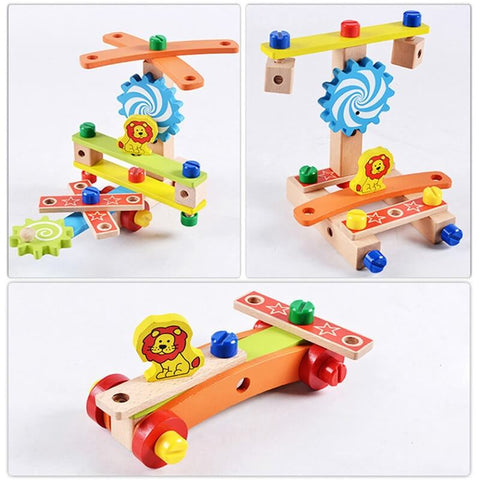 Various views of an eco-friendly Montessori DIY Fun Chair with gears and animal designs, showing different assembly options and playful decorative elements by InvenToy.