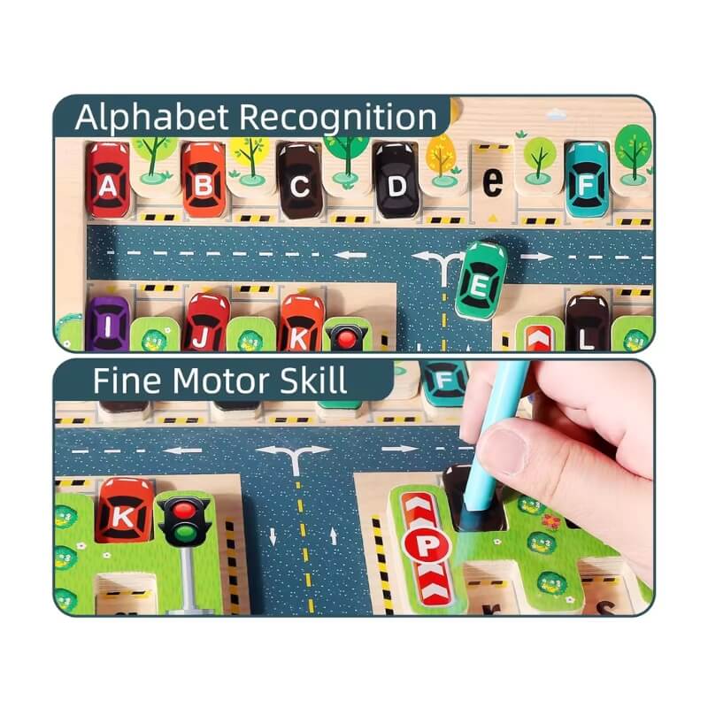 Infographic explaining that the Montessori Alphabet Parking Maze benefits fine motor skills and language skills.