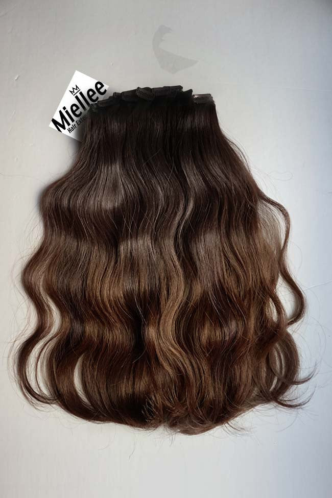 Dark Golden Brown Balayage 8 Piece Clip Ins - Wavy Human Hair – Miellee Hair  Company