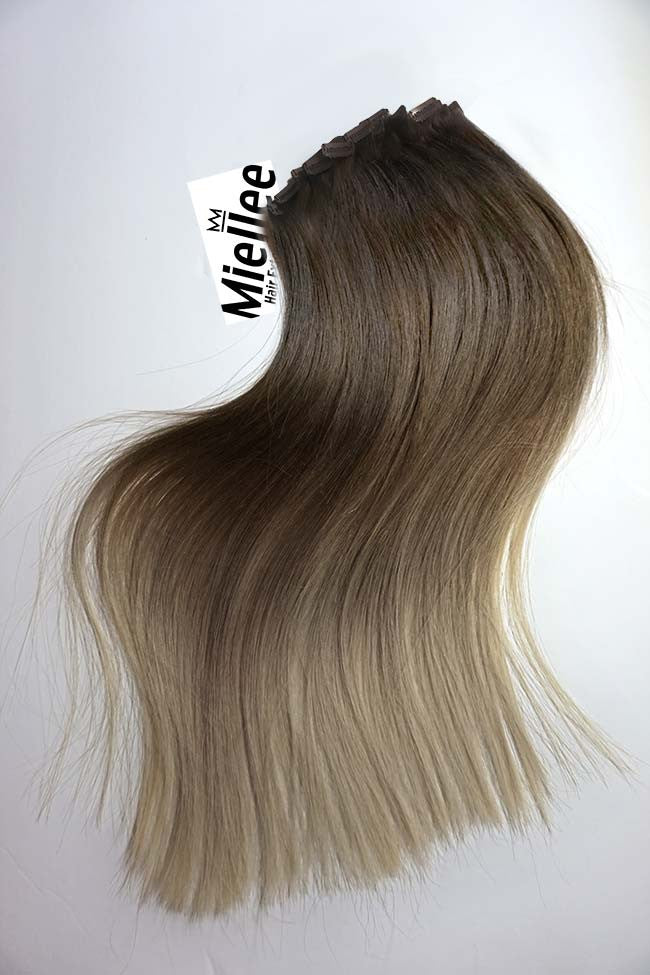 Light Ash Brown Balayage Full Head Clips Silky Straight Remy Human Hair