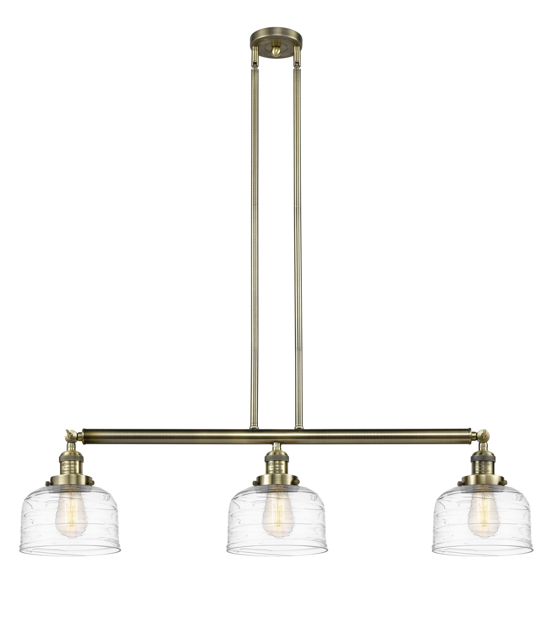 3-Light 40.5" Antique Brass Island Light - Clear Deco Swirl Large Bell Glass LED