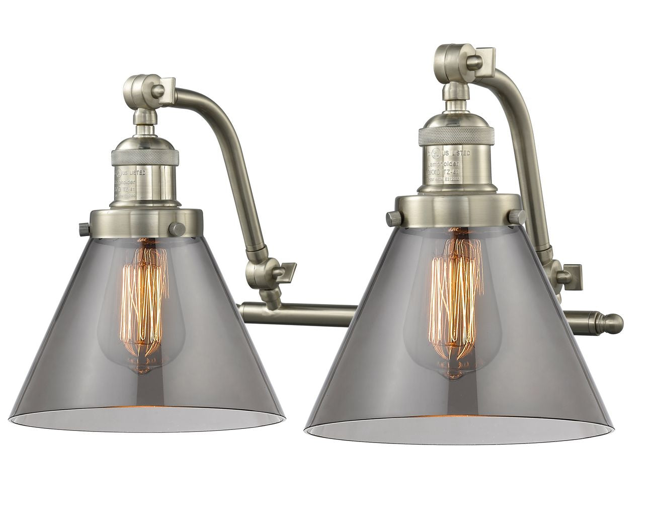 2-Light 18" Brushed Satin Nickel Bath Vanity Light - Plated Smoke Large Cone Glass LED