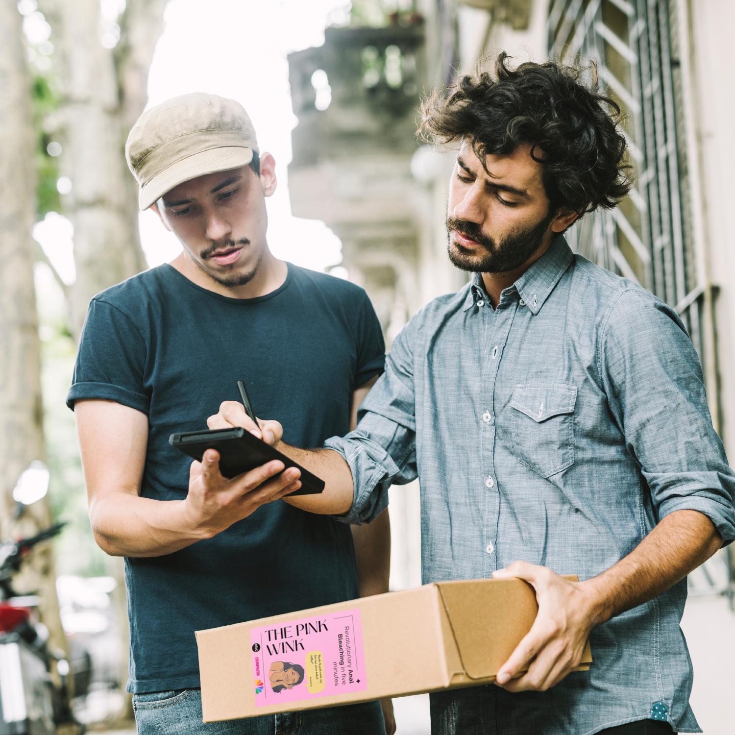 Man signing for prank mail package with label visible