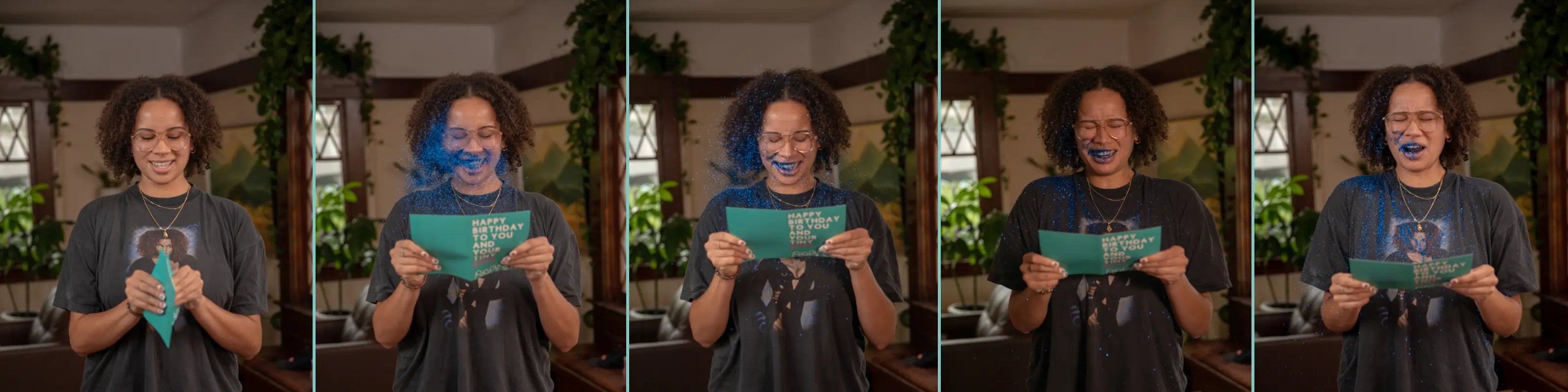 An image sequence of girl opening glitter card