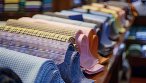Bolts of colorful men's shirt fabrics.