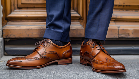 Man standing on urban steps wearing classic brown brogue shoes paired with blue suit trousers, highlighting the sophistication of formal men's fashion.