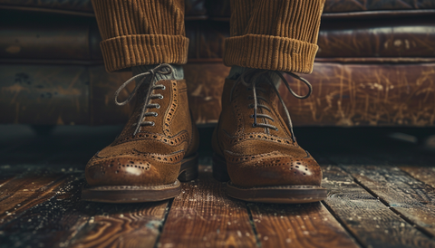 Vintage-inspired aesthetic with a person wearing classic tan brogue shoes paired with brown corduroy pants, set against a rustic wooden floor and antique leather furniture.