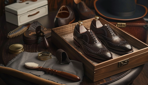 Shoe care accessories, including brushes, a polish tin, and a soft cloth, are neatly arranged around a pair of dark brown men's brogue shoes, emphasizing the importance of shoe maintenance.