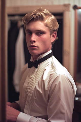 Young Man Wearing Pleated White Tuxedo Shirt and Black Bowtie