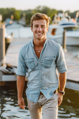 Man Wearing Light Blue Rolled Sleeves Chambray Shirt