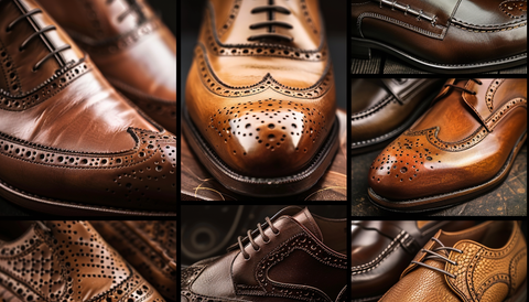 Collection of men's brogue shoes showcasing various styles and detailed craftsmanship, with close-up views on the classic perforations and elegant design.