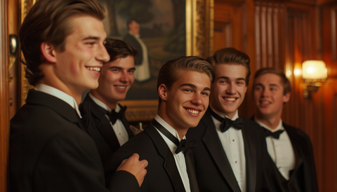 Four gentlemen in a traditional setting, each wearing impeccable black tuxedos with bow ties, embodying classic formal elegance.