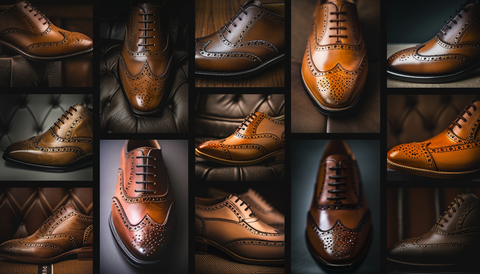 Array of men's brogue shoes showcasing a variety of styles and details, with rich tones and the classic perforated patterns characteristic of the brogue design.