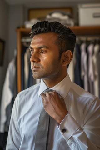 Man Wearing White Twill Dress Shirt and Tie