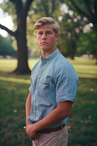 Young blonde man wearing a light blue Oxford Cloth Chambray Casual Shirt in a park.