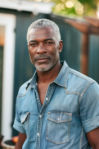 Handsome African American man with silver hair  wearing a short sleeve chambray casual shirt at a barbeque.