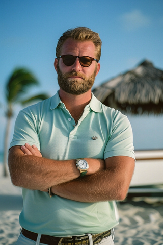 Man standing with arms folded and wearing a light green men's polo shirt, Ray Ban sunglasses, a Rolex watch and an alegator belt.