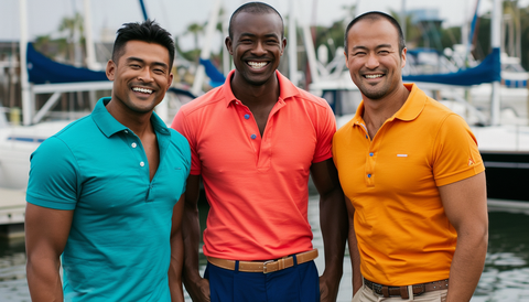 Three men wearing different vibrant colored casual polo shirts at a yacht club dock.