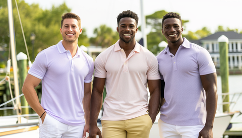 Three men wearing different pastel colored casual polo shirts at a yacht club dock.