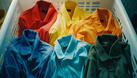 Six brightly colored casual polo shirts for men folded in a laundry basket.