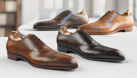 Assortment of men's quarter brogue shoes in a display, highlighting the polished leather craftsmanship, classic lace-up design, and elegant brogue detailing.