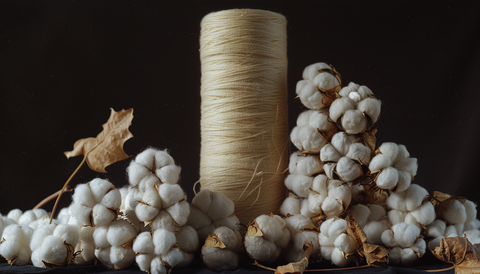 Fluffy, natural cotton bolls alongside loose strands of cotton thread leading to neatly wound cones of spun cotton yarn, illustrating the process of textile production.