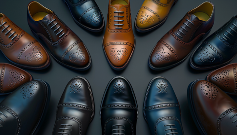 Array of semi-brogue captoe shoes in various color gradients, from classic black to rich brown tones, showcasing the brogue's signature detailing.