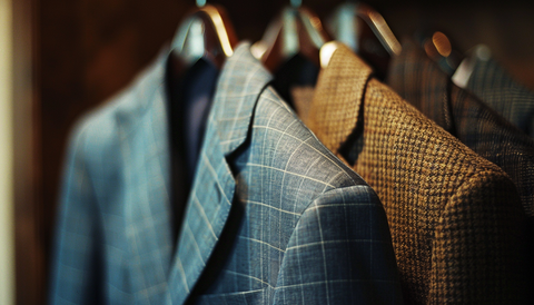 Seasonal tailored suits on display, with a light blue checkered suit ideal for summer elegance and a warm brown tweed suit perfect for autumnal style.