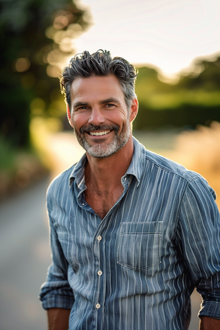 Man Wearing Striped Casual Chambray Shirt