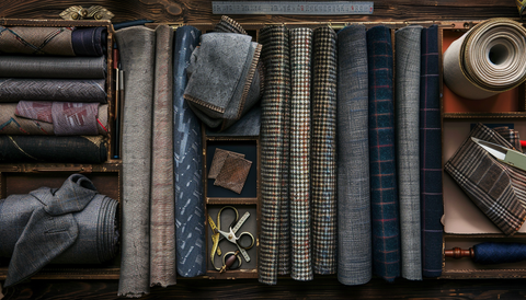 Assorted luxury suiting fabrics displayed, featuring diverse patterns including herringbone, check, and tweed, perfect for custom-tailored menswear.