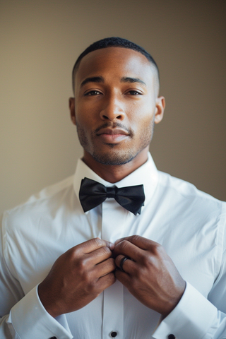 Young African American man wearing white Twill Tuxedo Shirt and black bowtie as he puts on his last shirt stud.