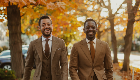 Two men in autumnal-hued suits smiling confidently outdoors; one in a textured brown three-piece suit with a tie, and the other in a caramel brown two-piece suit with a matching tie, embodying fall fashion elegance.