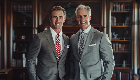 Two men in sophisticated suits; one wears a grey suit with a red striped tie, and the other a light grey checkered suit with a gray striped tie.