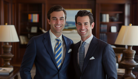 Two professional men smiling in a paneled library, dressed sharply in custom suits – one sporting a classic navy suit with a striped tie, the other in a navy chalk stripe suit paired with a patterned blue tie.