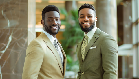 Two gentlemen wearing sophisticated tailored suits, one in a classic tan suit and the other in a distinguished olive green suit, exude confidence and style in a modern business setting.