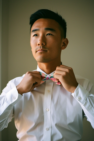 Young Asian American man with white Twill Dress Shirt and colorful bowtie.
