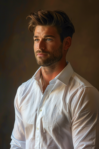 Young man wearing white Egyptian cotton dress shirt.