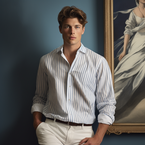 Young man wearing striped white Sea Island Cotton Shirt.