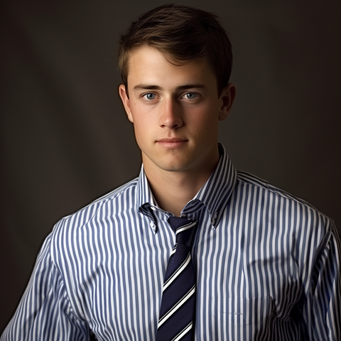 Young man wearing blue and white striped Oxford Cloth Button Down Shirt with striped tie.