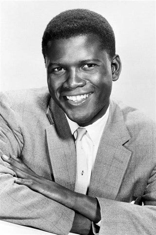 Sidney Poitier in light suit jacket and light tie. (B&W)