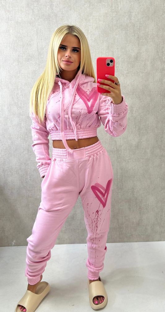 Pink Heart Cropped Hooded Tracksuit Cream – Miss Runway