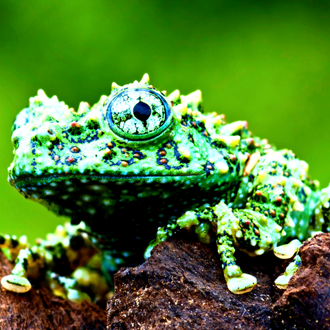 a bright green Vietnamese mossy frog looking into the camera