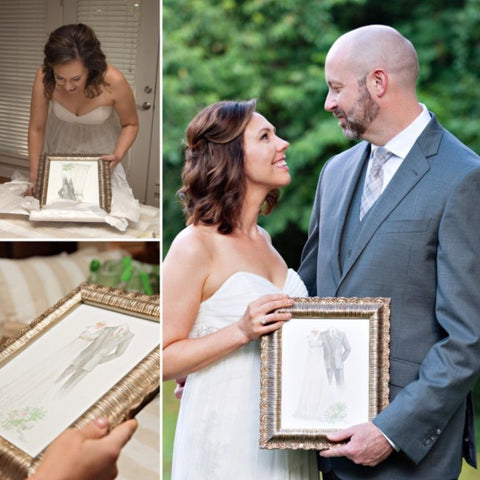 Bride and groom holding a sketch of her wedding dress