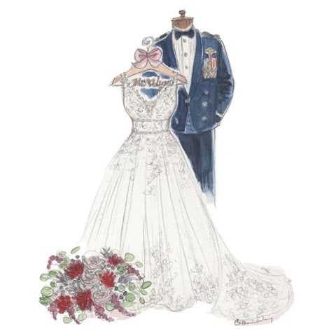 sketch of wedding dress, military uniform, and bouquet