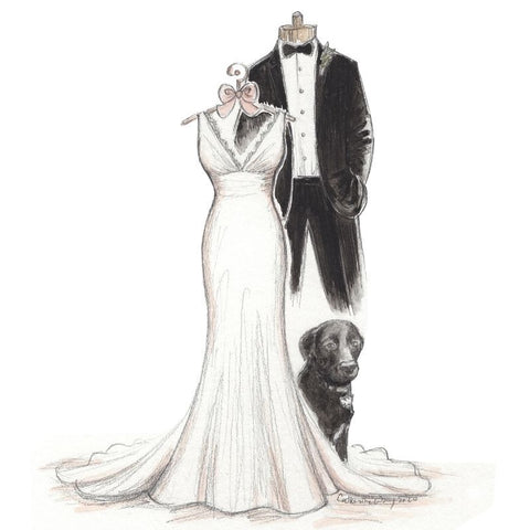 sketch of the wedding dress, suit and dog
