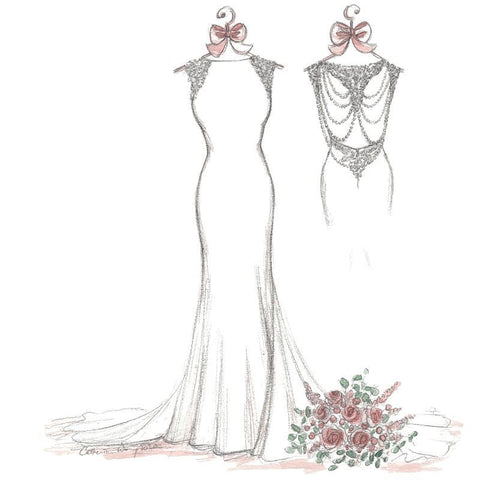 Wedding dress sketch front, small back, and bouquet