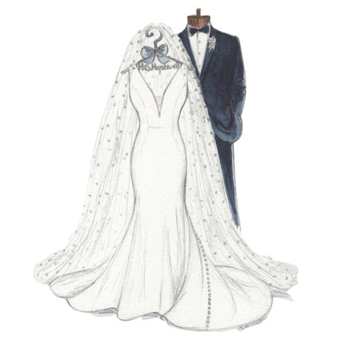 sketch of a wedding dress and suit