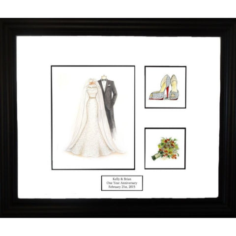 Frame of a wedding dress, suit, bouquet and shoes.
