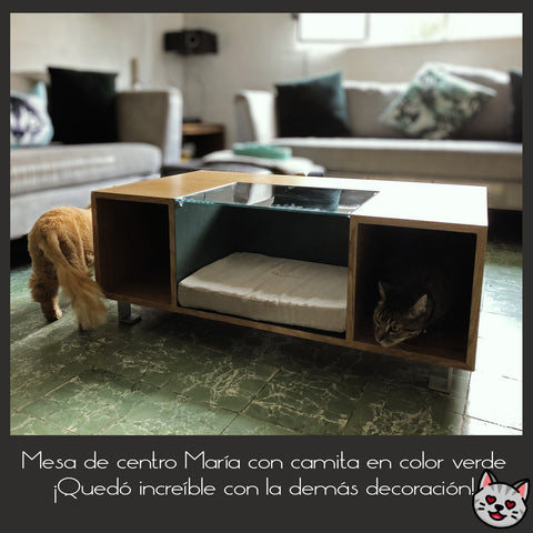 Mesa de centro con cama para gato. Gatificación.